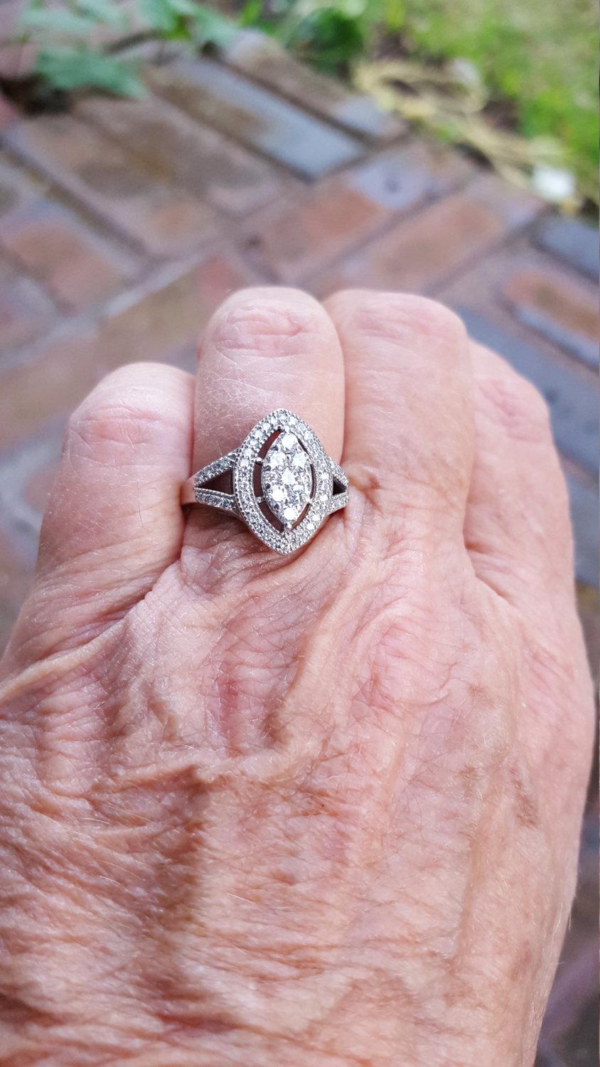 زفاف - Estate .80ct diamond 14k solid white gold G si designer signed halo marquise pave cocktail wedding engagement ring