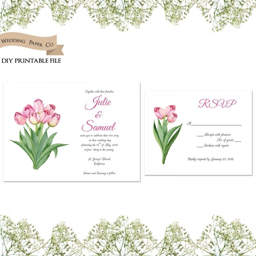 زفاف - Pink Tulips Floral Printable Wedding Invitation and RSVP card, DIY Invitation and RSVP printable, pdf file, customized digital template