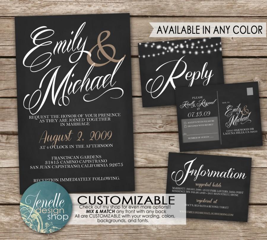 Свадьба - Script Wedding Invitations, Chalkboard black - Invitation, RSVP postcard, Info card, Printable