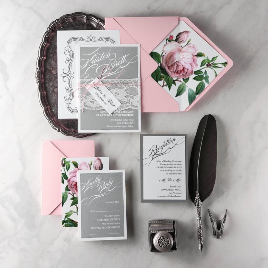 Hochzeit - Wedding Invitation Suite (20), Grey Pink Invites, Lace Wedding Invitations , Vintage Wedding Invitation, Floral Botanical Invitation