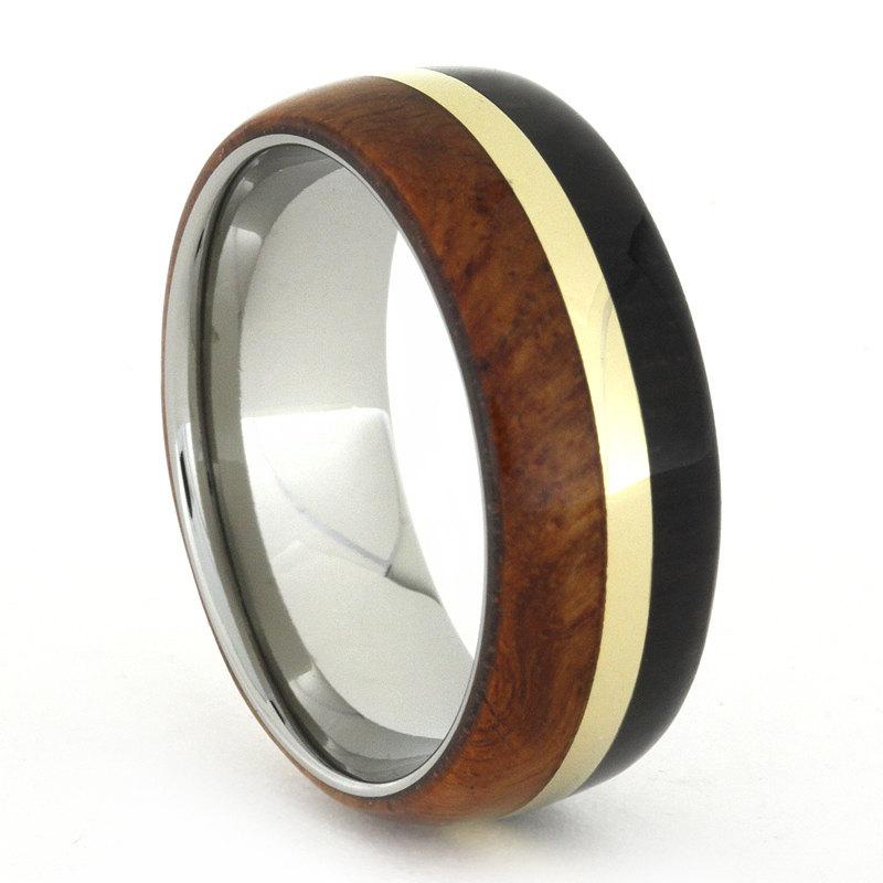 زفاف - African Blackwood and Amboyna Wood Ring with 14k Yellow Gold Pinstripe