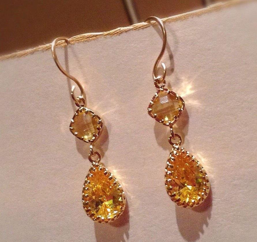 زفاف - Yellow Crystal Bridesmaid Earrings /Gold, Yellow Topaz  & Yellow Cubic Zirconia Double Drop Wedding Party Earrings