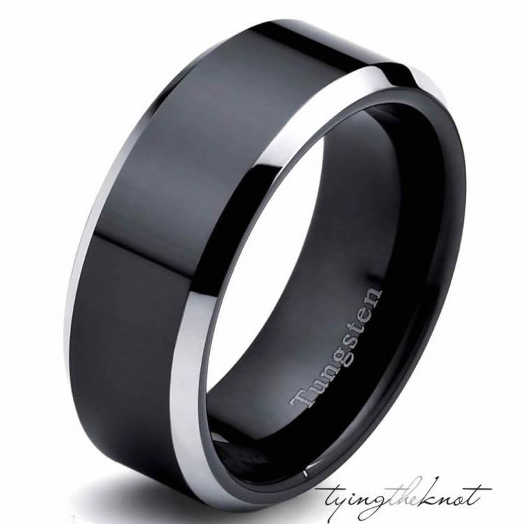 Wedding - Mens Black & Silver Tungsten Carbide Comfort Fit Mans Wedding Ring Band 8mm - Size 7 - 15