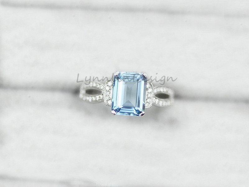 Wedding - VS Aquamarine Diamond Ring 7x9mm Aquamarine Engagement Ring Aquamarine Gemstone Band Stack Diamond Aquamarine March Birthstone Gift for Her