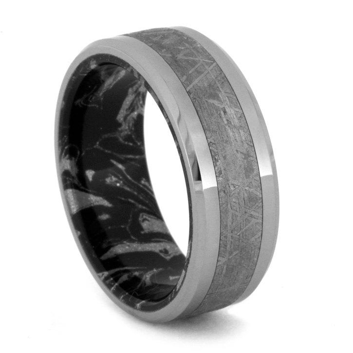 Hochzeit - Mokume Gane Ring with Titanium Edges and Gibeon Meteorite Inlay, Mokume Wedding Band
