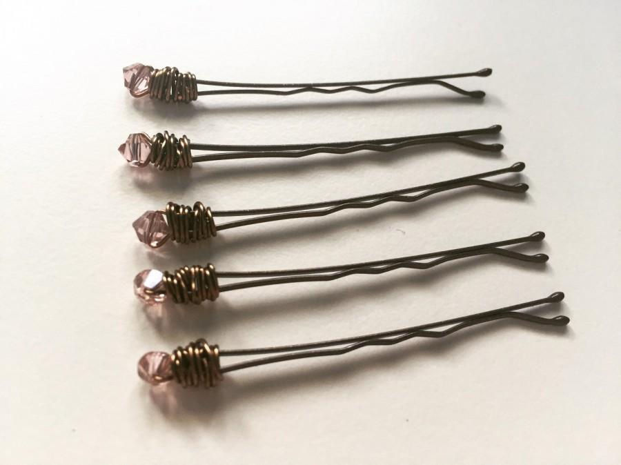 Hochzeit - Set of 5 - Vintage Rose Wire Wrapped Swarovski Crystal on Skinny Bobby Pins