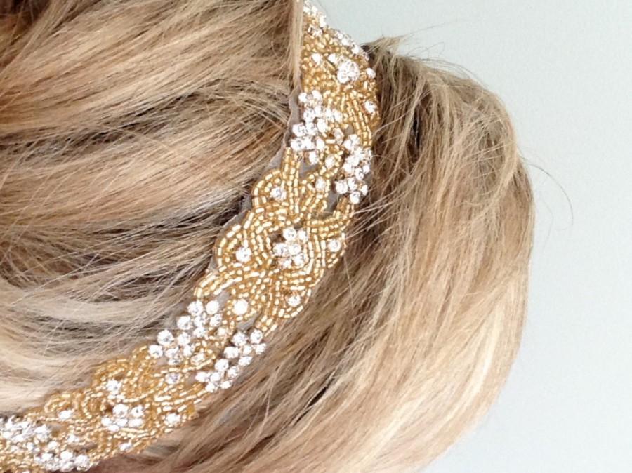 زفاف - Gold Crystal Headband. Wedding Bridal Tiara, Headpiece. WHITE or IVORY Satin Ribbons, Rhinestones.Beaded. Bridesmaids, Prom "Missy"