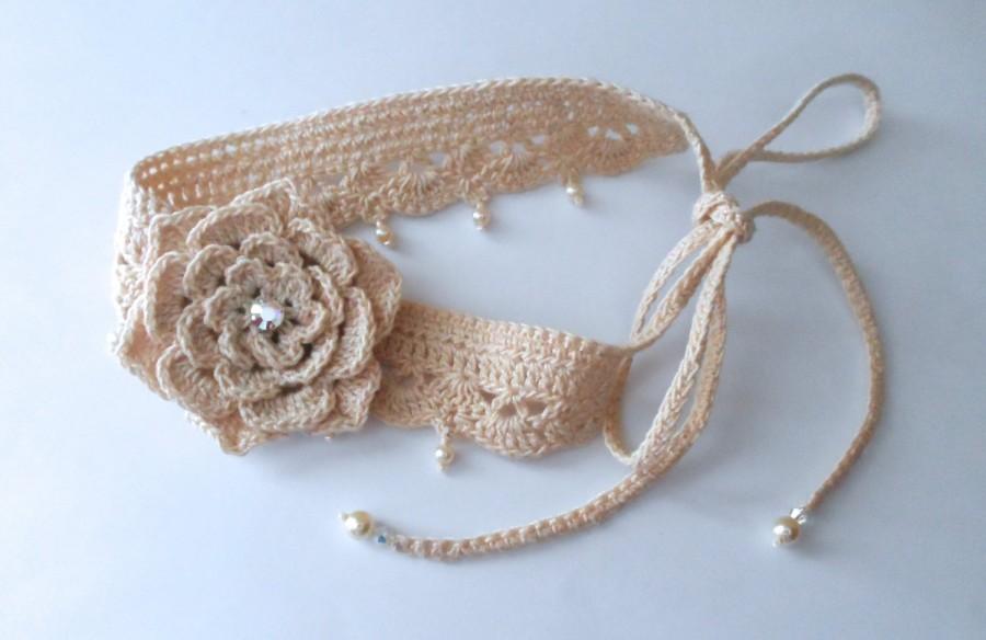 Свадьба - Crochet Choker, Headband With Flower and Ties
