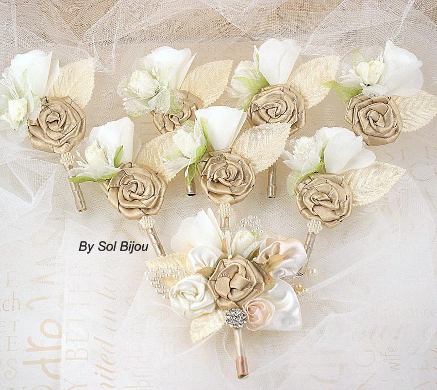 Hochzeit - Boutonnieres, Champagne, Tan, Beige, Gold, Ivory, Groom, Groomsmen, Corsages, Mother of the Bride, Maid of Honor, Pearls, Crystals
