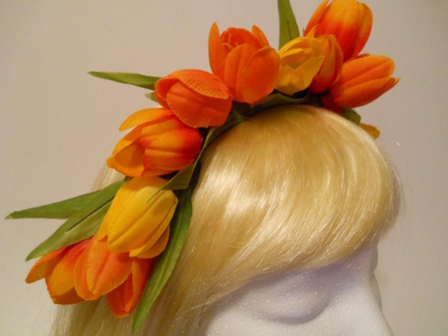 Wedding - CUSTOM for Andrea <<<< 2 Flower Crown, Head Wreath, Tulip, Orange, Yellow, Headband Tulips, Spring Weddings, Flower Girl, Headdress, Tiara