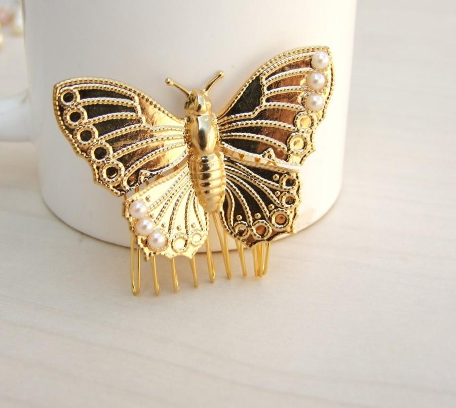 Свадьба - Valentine Sale,Butterfly Hair Comb, Wedding Hair Accessroies,Gold  Hair Piece, Bridal Hair Comb, Pearl Hair Piece, Side Comb