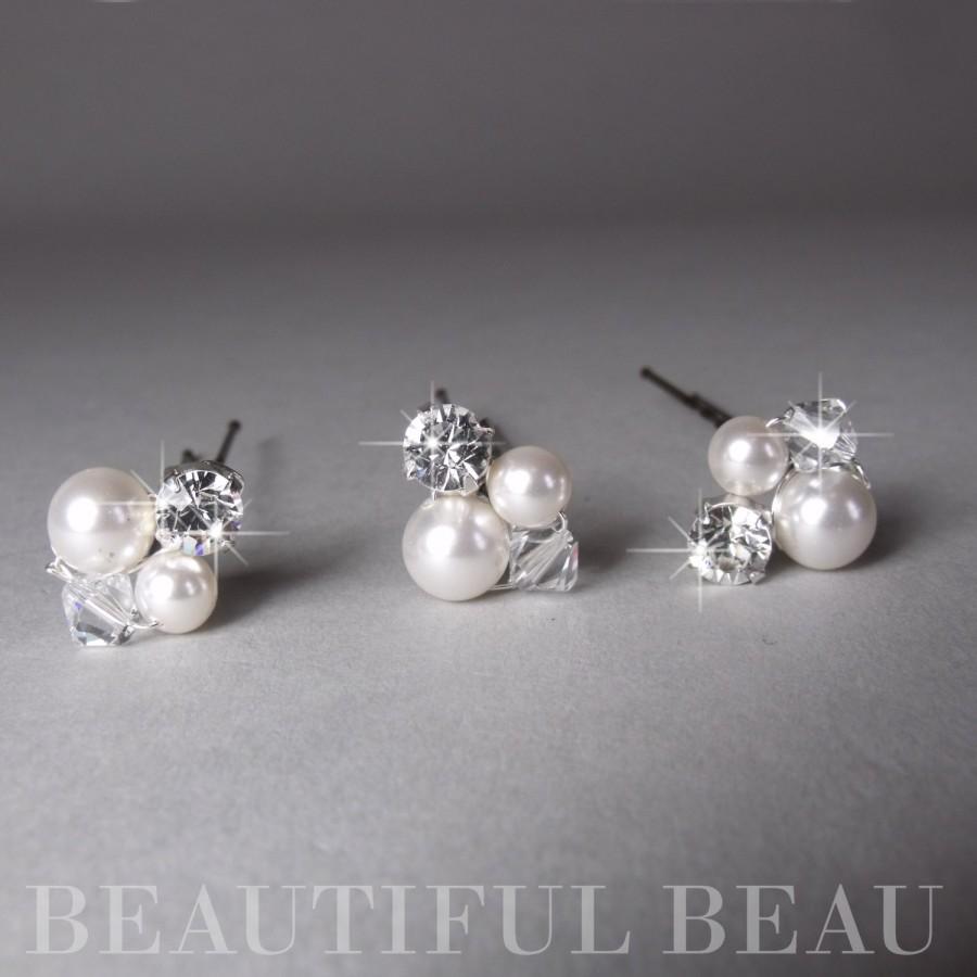 Wedding - Pearl Hair Pins, Bridal Hair Pins, Bridesmaid Hair Pins, Bridal Hair Accessory, Crystal, Pearl, Diamante Hair Grips - HARRIET SMALL CLUSTER