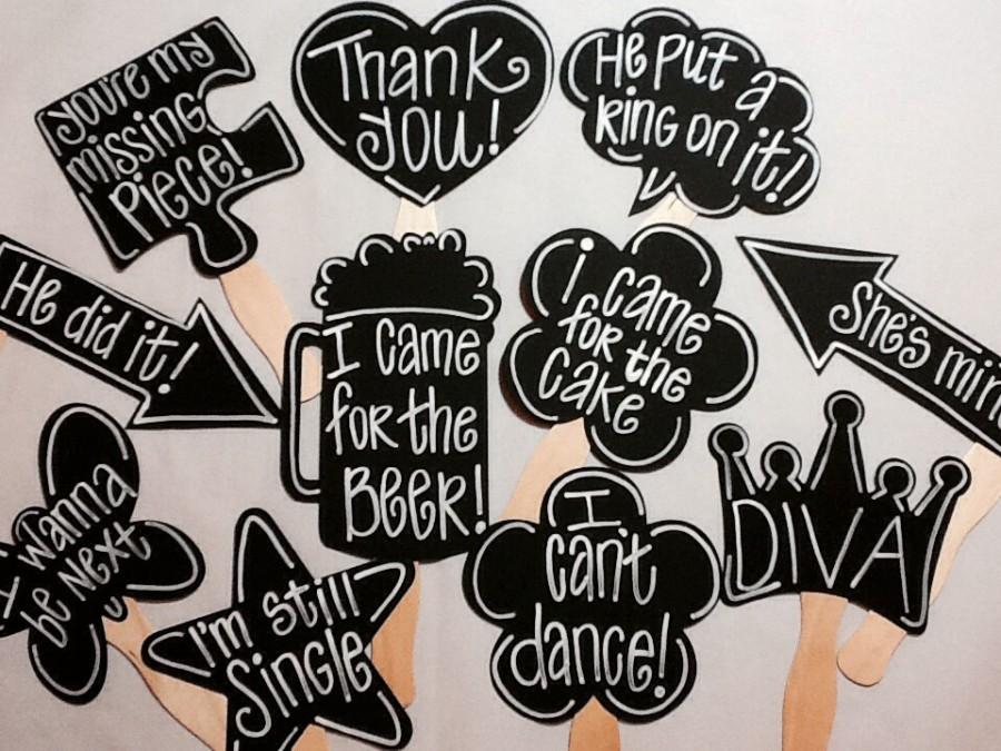 Hochzeit - 10 Customized Chalkboard Photo booth Props WITH Phrases already Painted Glued to 8 Inch Curvy Sticks with Personality