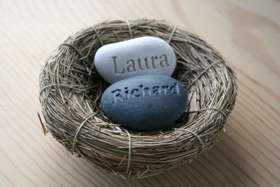 Wedding - Personalized wedding gift for couple in love - engraved couple's name stones in nest - Our Nest Our Home (c) by sjEngraving