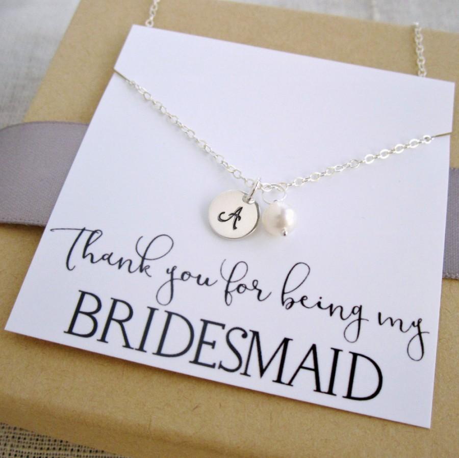 Hochzeit - Personalized Bridesmaid necklace, sterling silver initial necklace, pearl necklace, freshwater pearl, bridesmaid gift with thank you card