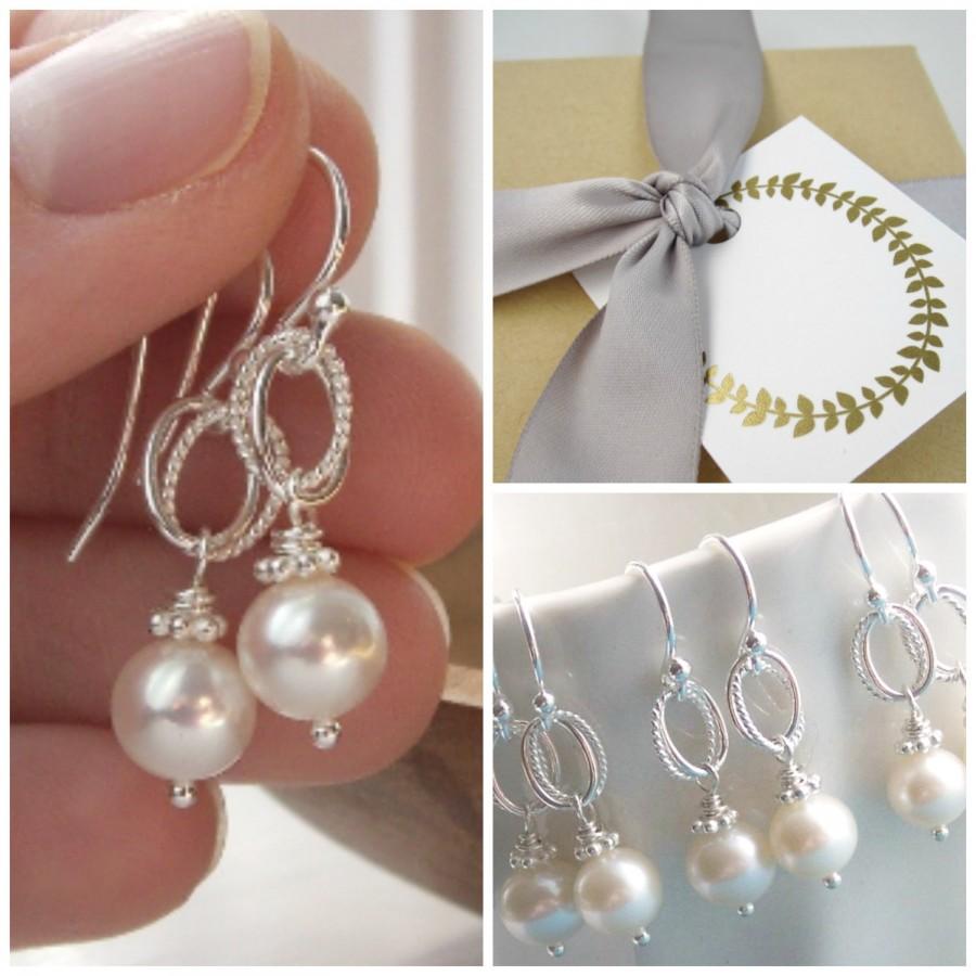 Wedding - Pearl bridesmaid earrings, white pearl or ivory pearl, solid sterling silver earrings, bridemaid gift thank you for being my bridesmaid card