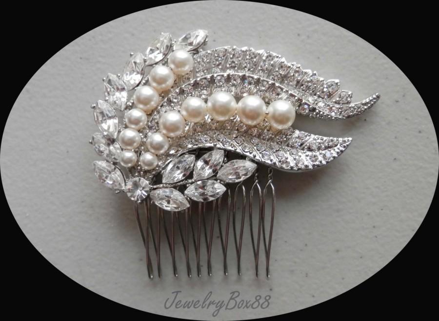 Wedding - Bridal Hair Comb, Wing Hair Comb, White Swarovski Pearl Hair Comb, Bridesmaids Hair Comb (H334)