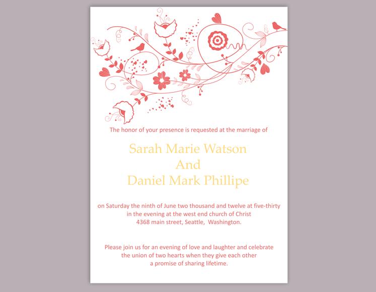 Wedding - DIY Wedding Invitation Template Editable Word File Instant Download Floral Wedding Invitation Bird Invitation Printable Red Invitations