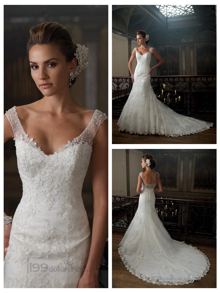 Wedding - A-line Cap Sleeves V-neck Wedding Dresses with Deep Scoop Back