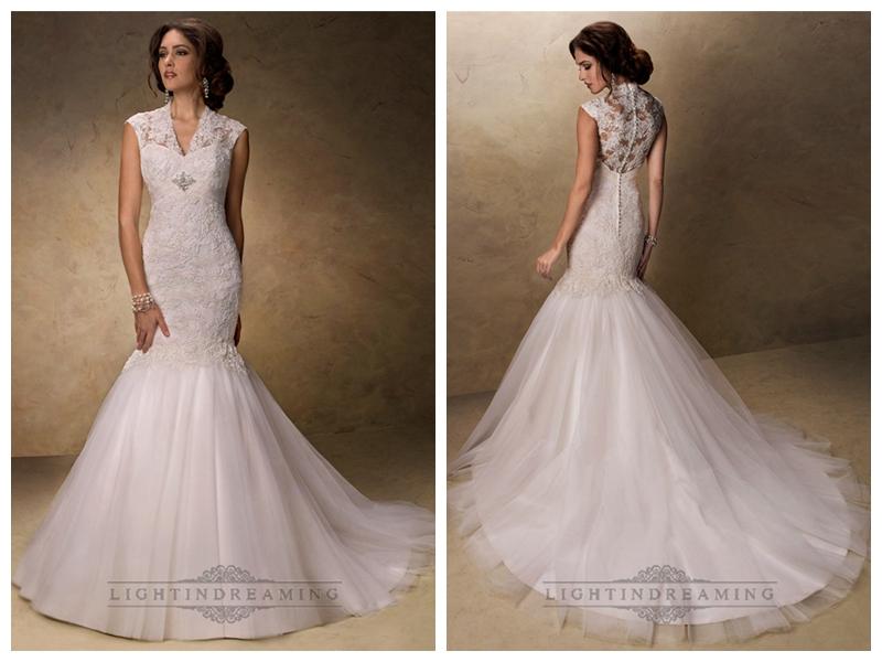 زفاف - Fit and Flare V-neck Lace Wedding Dresses with Illusion Sleeves