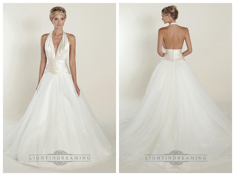 زفاف - A-line Plunging Halter Ball Gown Wedding Dresses with Ruched Bodice