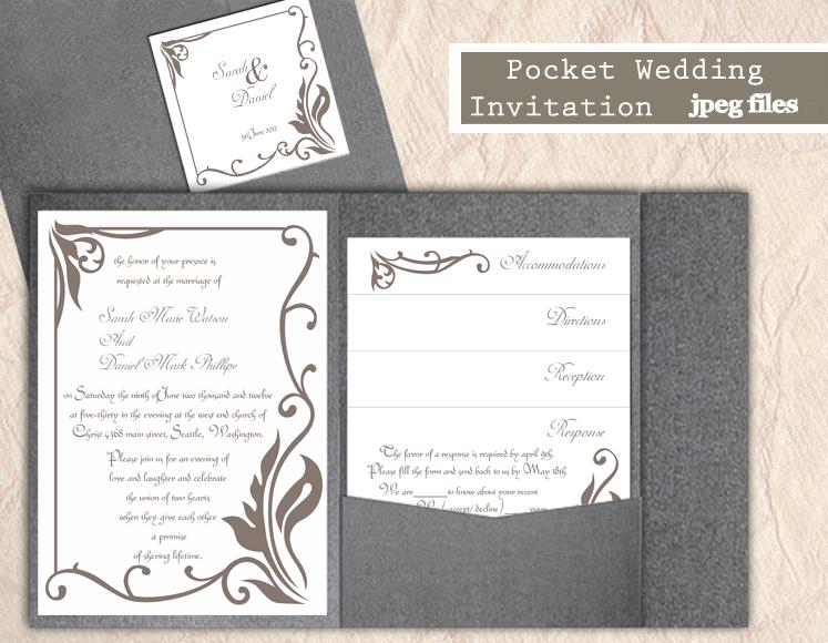 Hochzeit - Printable Pocket Wedding Invitation Suite Printable Invitation Gray Coffee Wedding Invitation Download Invitation Edited jpeg file