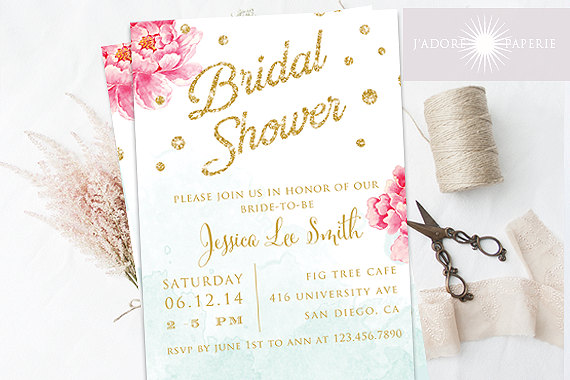 Hochzeit - Peony Bridal Shower Invitation, Printable Bridal Shower Invite, Invitation, Shower, DIY, Watercolor, Blue, Pink, Glitter, jadorepaperie