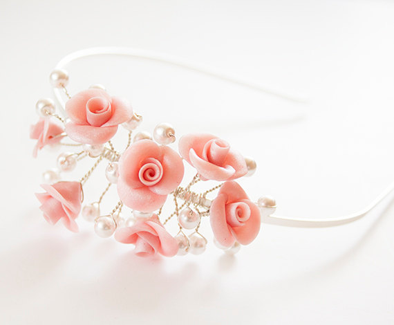 Mariage - Bridal tiara pink Wedding hair accessories Polymer clay roses Swarovski Glass pearls asymmetry Wedding headband Made in Israel