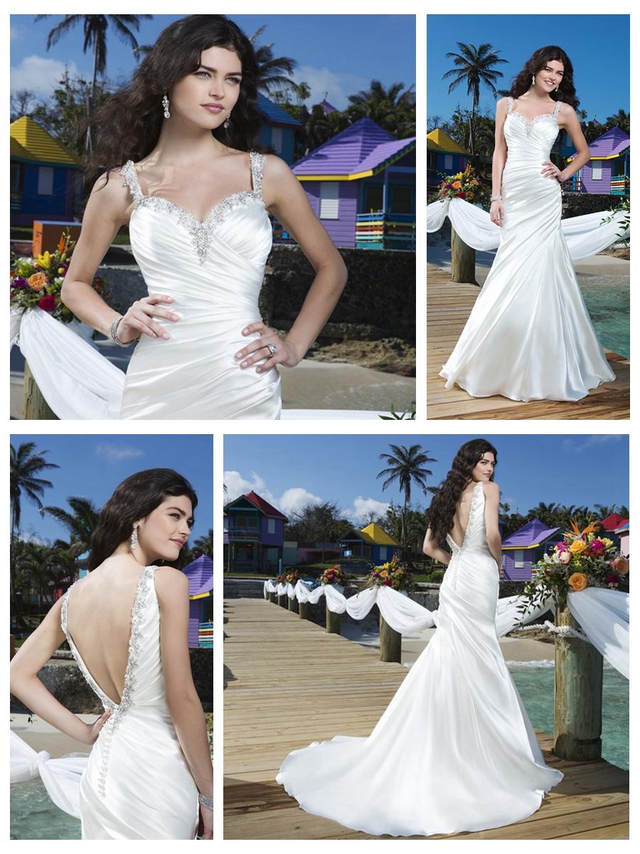 Hochzeit - Beaded Straps Charmeuse Asymmetric Pleated Mermaid Wedding Gown with Deep V-back