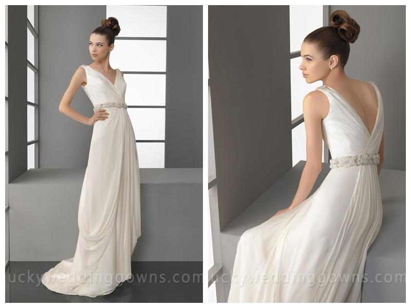 Wedding - V-Neck Full Satin Summer Bridal Gown with Beaded Sash