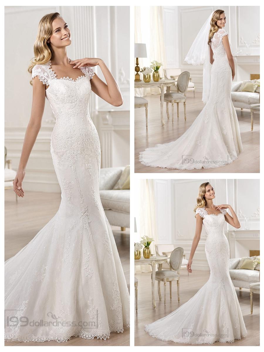 Hochzeit - Cap Sleeves Straight Straps Neckline Mermaid Wedding Dresses Featuring Applique Crystal