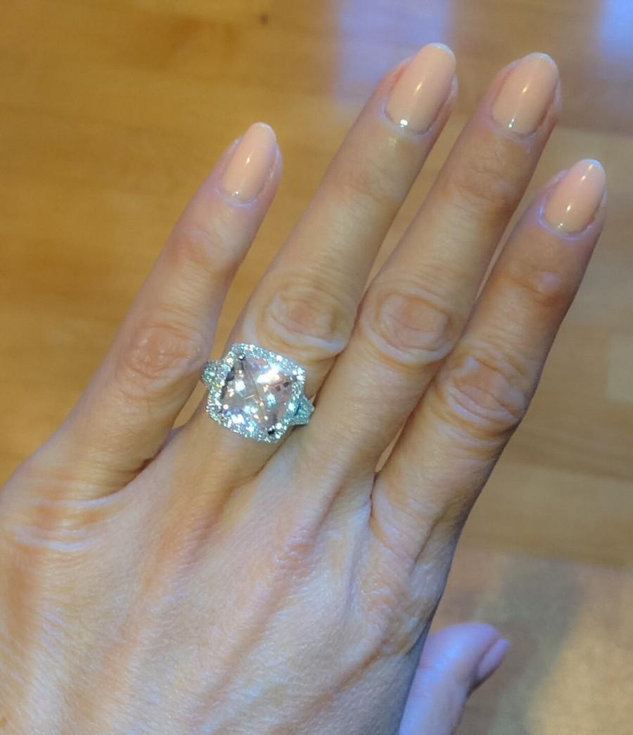 Wedding - Platinum Diamond Halo Morganite Engagement Ring 10mm Cushion Cut Peach Pink Morganite and Round Natural Diamonds 5.73tw Anniversary Ring