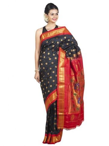 Wedding - Black handloom paithani saree with red borders