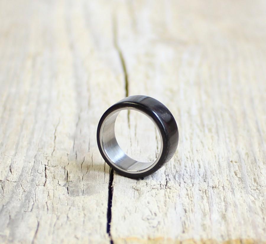 زفاف - Ebony wood and stainless steel ring unisex wood ring