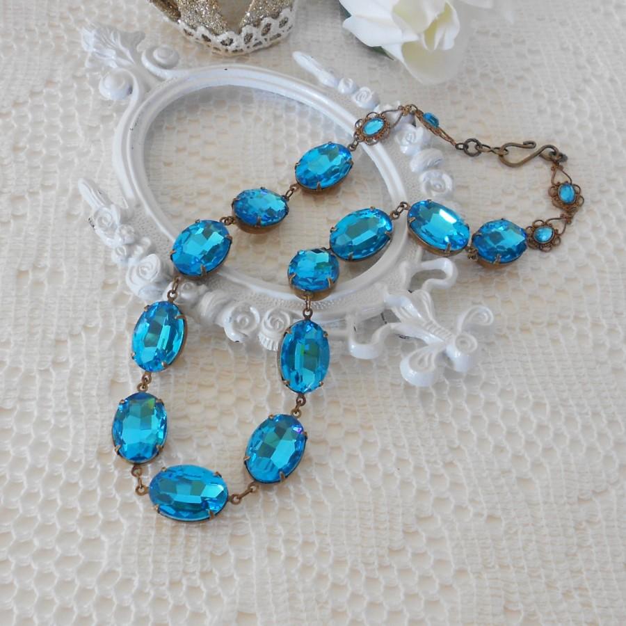 زفاف - Blue Necklace, Blue Zircon Necklace, Blue Collet, Choker, Old Hollywood, Glass Jewel Necklace, Estate Style Jewelry, Art Nouveau, Art Deco
