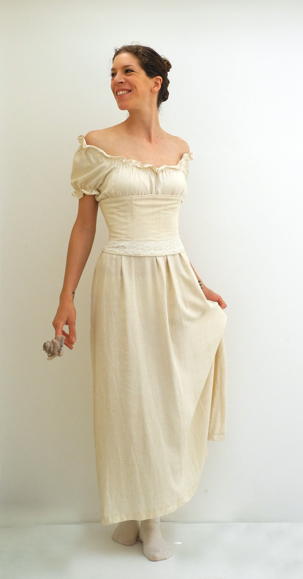 Wedding - ivory wedding gown, boho formal dress, ivory linen and cotton lace