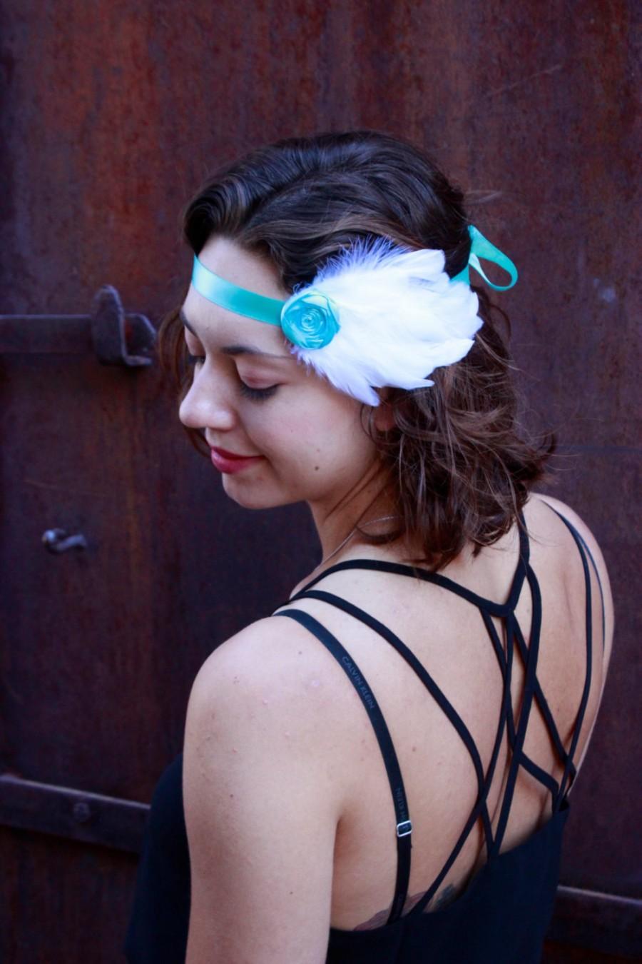 زفاف - Ooak 1920s Flapper Style Feather Headband. White & Blue. Natural Cruelty Free Feathers. Hair Accessory. Romantic. Bohemian. READY TO SHIP