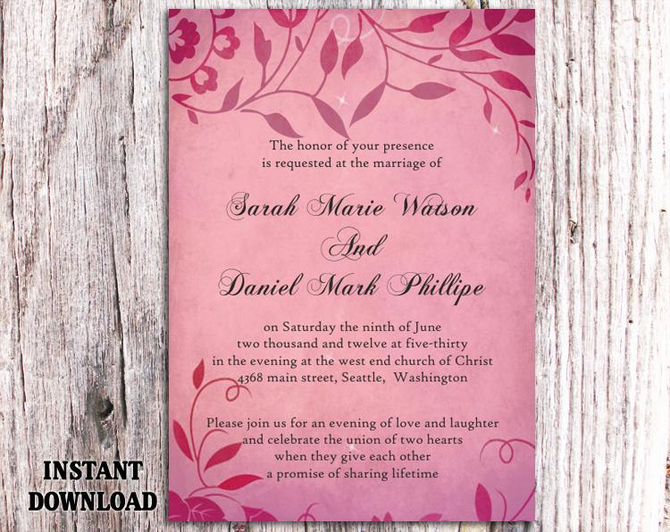 Wedding - DIY Rustic Wedding Invitation Template Editable Word File Download Printable Invitation Fuchsia Pink Invitation Leaf Wedding Invitation