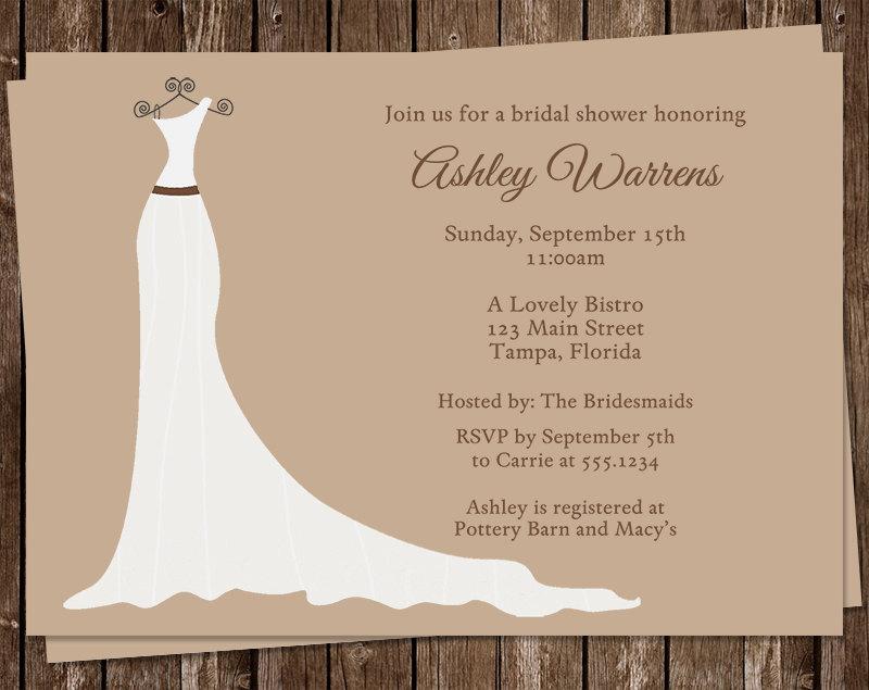 Wedding - Bridal Shower Invitations, Wedding, Dress, Tan, White, Set of 10 Printed Cards, FREE Shipping, SGACB, Simple Gown Chocolate