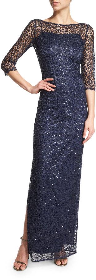 Свадьба - Kay Unger New York 3/4-Sleeve Sequined Lace Column Gown, Navy