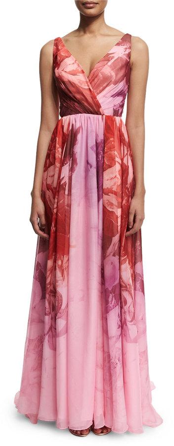 زفاف - ML Monique Lhuillier Sleeveless Floral-Print Ombre Gown, Sorbet
