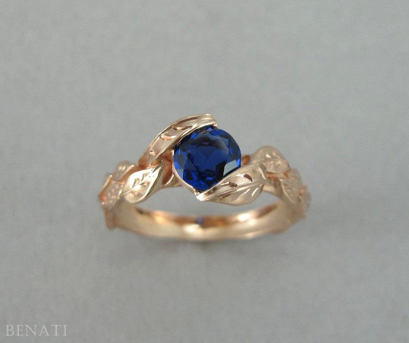 زفاف - Rose Gold Leaf Engagement Ring, Rose Gold Sapphire Engagement Ring, Leaf Ring With Lab Blue Sapphire, Leaves Ring, Forest Ring, Floral Ring