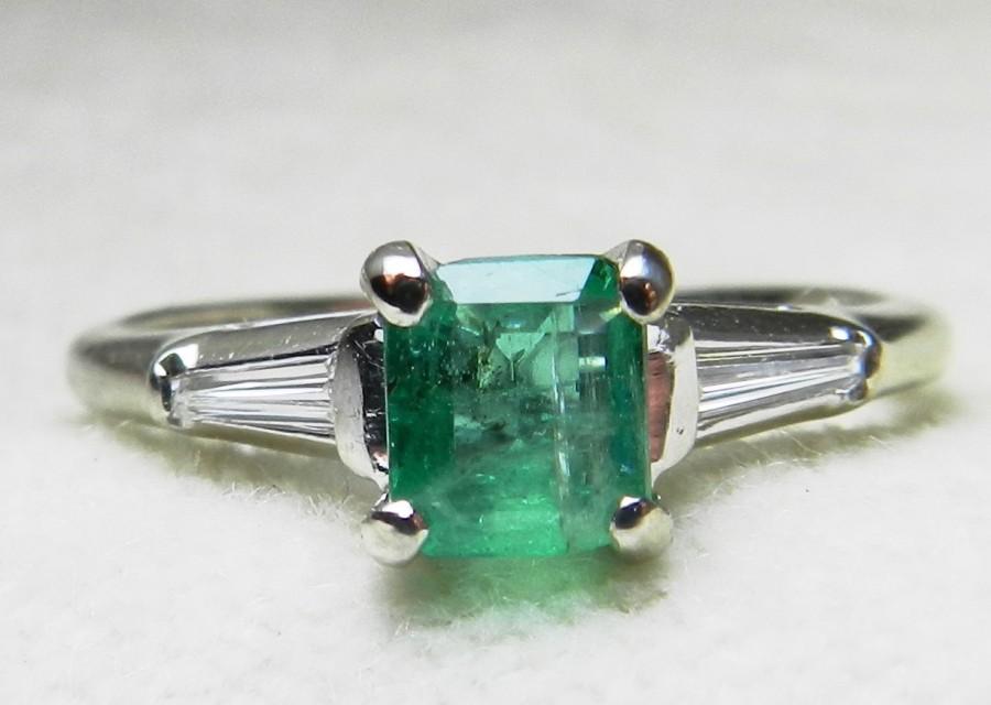 Wedding - Emerald Engagement Ring 14K White Gold Vintage Columbian Emerald Ring with Genuine Diamond Accents, May Birthday