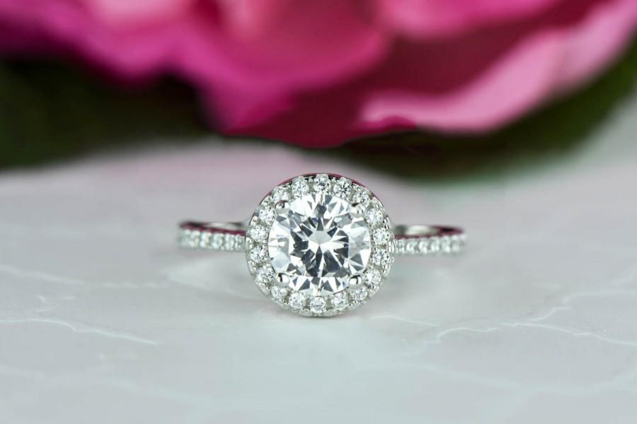 زفاف - 1.5 ctw Round Cut, Classic Halo Wedding Ring, Man Made Diamond Simulants, Half Eternity Ring, Engagement Ring, Promise Ring, Sterling Silver