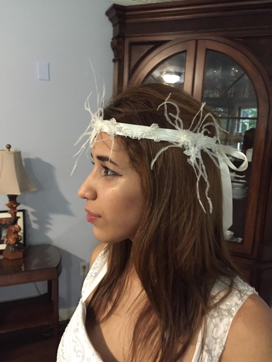 Свадьба - Bridal Accessory, Bridal head piece, bridal headband, feather, beads and pearls bridal headband