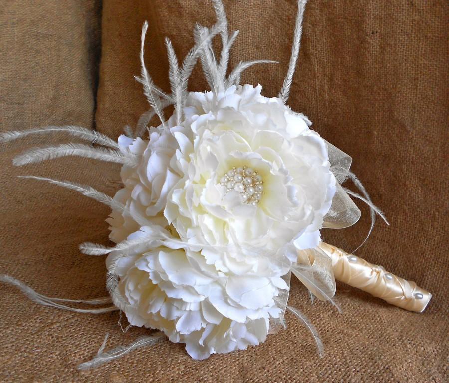 Mariage - Wedding Bridal Bouquets Your Colors Ivory Peony Vintage Style Bouquet with Sparkly Pearl Accents and Feathers Centerpiece Chic FREE SHIPPING