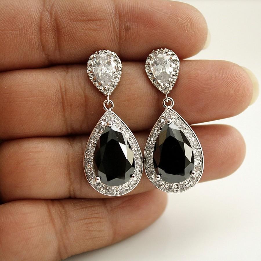 Wedding - Black Wedding Earrings Bridal Jewelry Silver Black Cubic Zirconia Tear drop Earrings Black Wedding Jewelry, Zoe