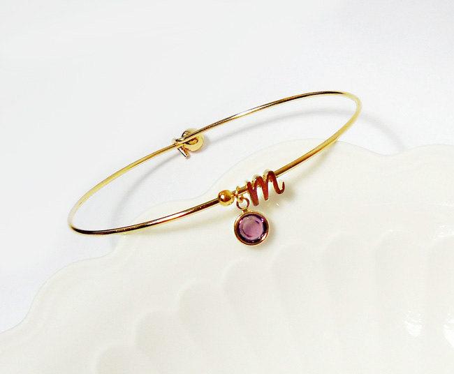 Hochzeit - Initial bangle Cursive Initial Birthstone Bangle Bracelet Dainty Letter Bracelet Initial  Personalized bridesmaid gift valentine's gift