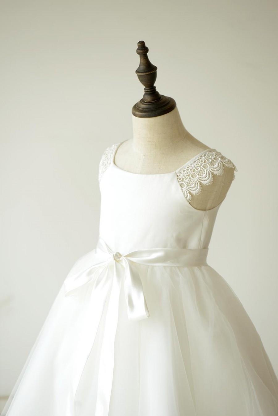 Свадьба - Lace Straps Neckline Tulle Flower Girl Dress Tea Length Sashed
