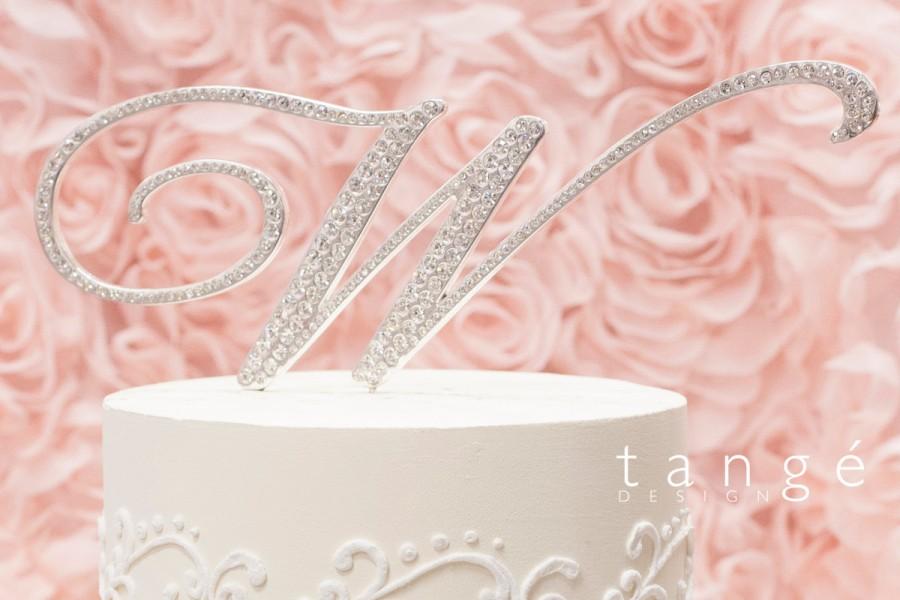 Hochzeit - A-Z Initial SILVER Metal W Cake Toppers in Elegant Script Letter Style with the Fine Set-In Rhinestones